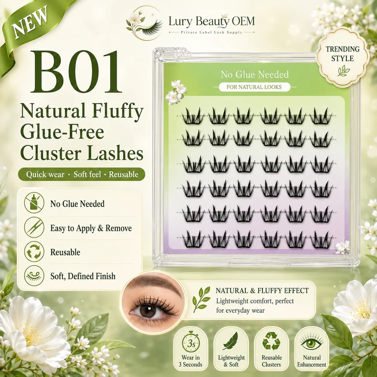 B01 natural fluffy glue-free cluster lashes for private label lash brands
