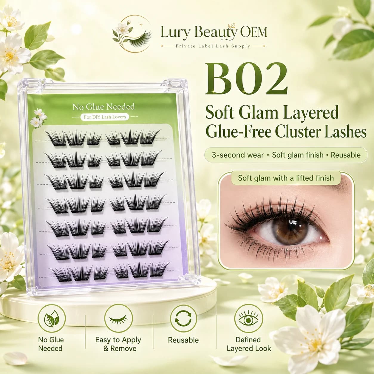 B02 soft glam layered glue-free cluster lashes product display