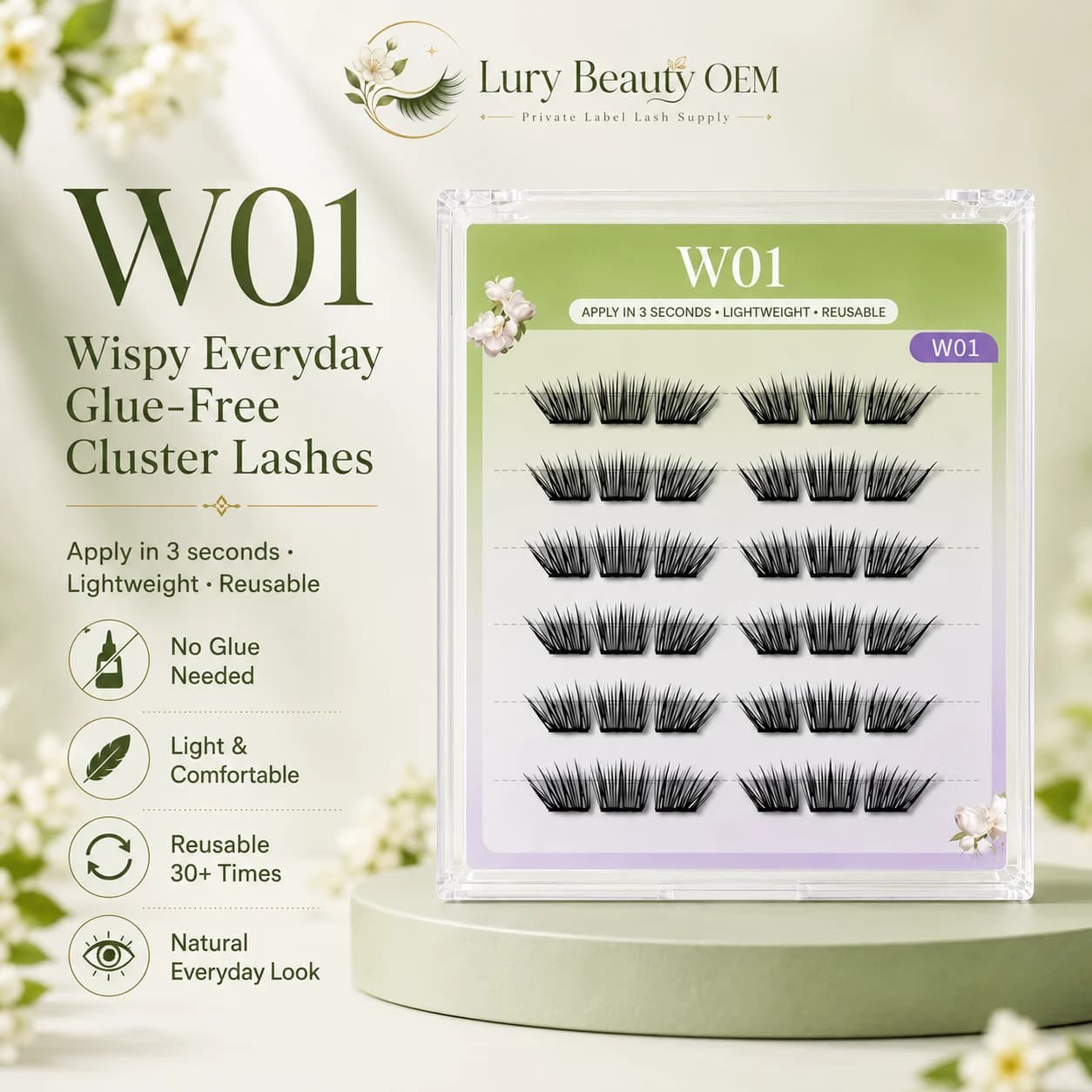 W01 glue-free cluster lashes product display for private label OEM