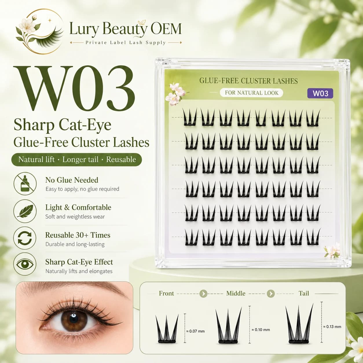 W03 sharp cat-eye glue-free cluster lashes product display